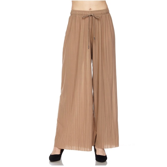 Pants - Mocha Pleated Palazzo Wide Leg Pants w/Drawstring